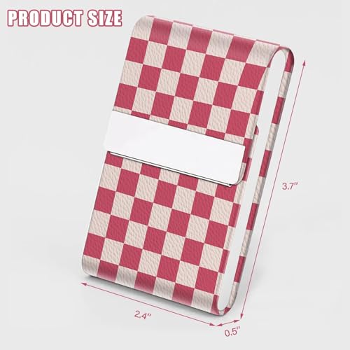 2Pack Leather Stainless Steel Business Card Holder, Metal Slim Business Card Case for Women or Men, Pocket Business Card Carrier with Prints, Magnetic Closure, RFID Blocking - color: Plaid-Pink