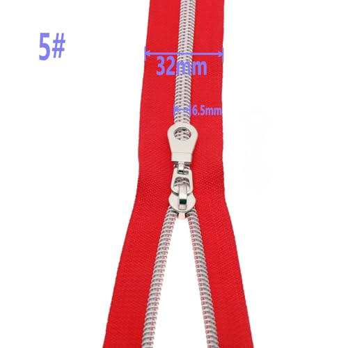 Leekayer #5 Silver Coil Zippers Bulk 5 Yards Red Tape 10pcs Silver Sliders - color: Black