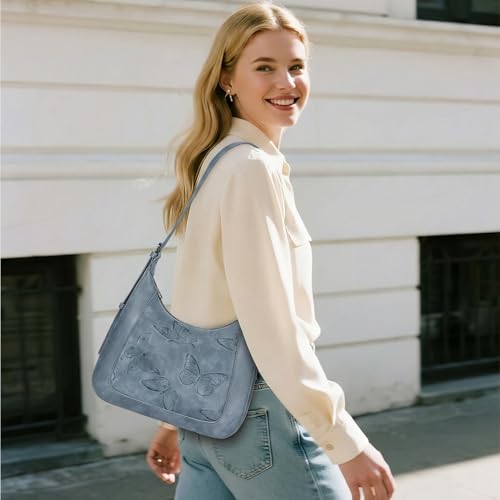 BELTANA Shoulder Bag for Women, Small Vegan Leather Butterfly Hobo Purse | Crescent Shoulder Purse, Top Handle Design, Lightweight, Underarm Style, Daily Travel & Shopping, Gift Choice - color: Blue