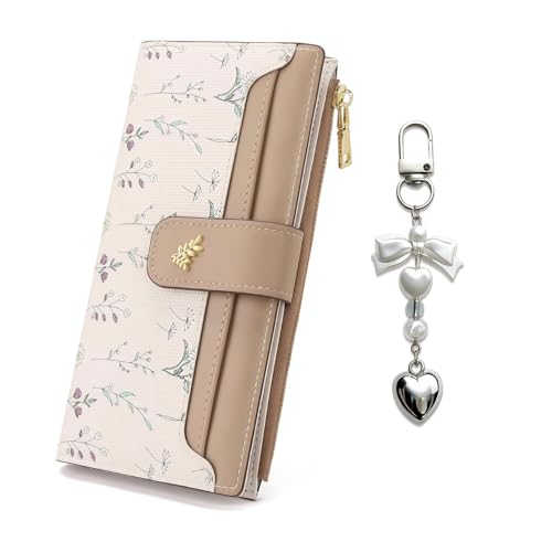 Women's Bifold Long Wallet, Slim & Thin RFID Blocking Floral Vegan Leather Card Holder with Bow Keychain (Brown) - color: Brown