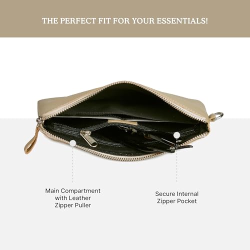 Leather Wristlet Wallet for Women Clutch Handbag Purse with Cell Phone Slot | Genuine Top Grain Leather, 8 Credit Card Slots, Detachable Strap, YKK Zipper, Gifts for Women - color: Beige Nappa