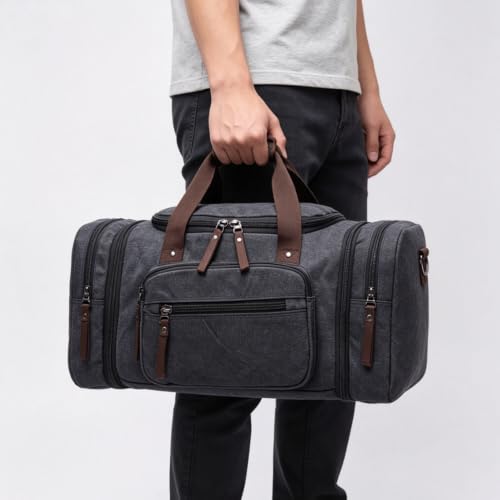 Men's travel bag, large capacity hand carried crossbody luggage bag, canvas cross-border waterproof mountaineering, expandable outdoor sports, 50L weekend overnight bag(black) - color: black
