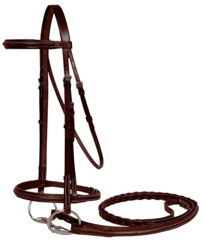 Padded Raised Fancy Stitched Leather English Schooling Bridle with Laced Reins with 1 Year Warranty - Superior Horse Comfort - color: Havana, size: Full Size