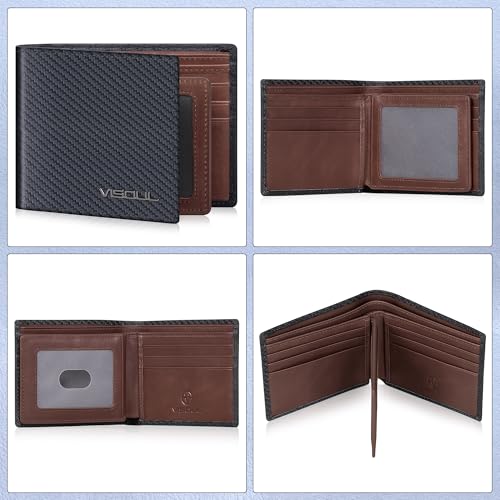 VISOUL Leather Mens Bifold RFID Blocking Wallet with 2 ID Windows, Leather Wallet for Men (Carbon Fiber, Black+Brown) - color: Black+Brown