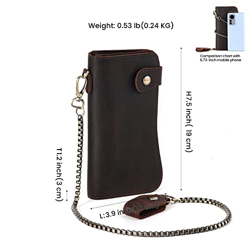 Vintage Brown Crazy Horse Leather Wallet for Men with Detachable Chain, RFID Blocking Biker Long Wallet Holds Phone, Cash & 14+ Cards, Retro Motorcycle Rfid Wallet - color: Coffee