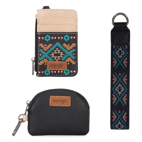 Wrangler Western Keychain Wristlet Wallets for Women Retro Dual Pouch Wristlet Credit Card Holder Wallet with Zipper Pocket WG2214-W0051BK - color: Aztec-Black