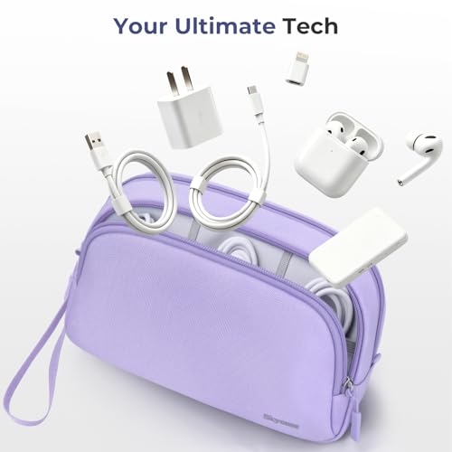 Skycase Travel Cable Organizer - Lightweight Water Resistant Dual-Layer Tech Pouch with Wrist Strap 9 Compartments Electronic Organizer Travel Case for Charger Cord Hard Drive,Large,Purple - color: Purple, size: L