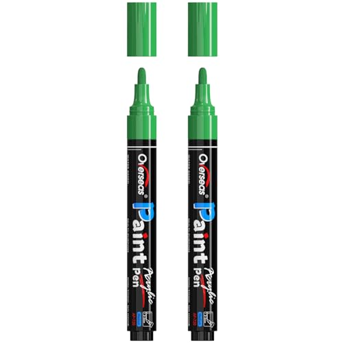 Overseas 2 Pack Green Acrylic Paint Pens Permanent Markers, Medium Tip | Waterproof, Quick Dry, Great Coverage, Water Based Acrylic Paint Markers for Wood, Canvas, Rock, Glass, Leather, Metal - color: Green