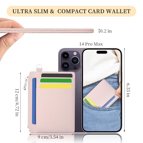 Hancynir Minimalist Slim Wallet Women Credit Card Holder, RFID Small Cute | Zipper Pocket Wallet, Thin Travel Coin Purse, Ladies Women Gifts, Key Chain Card Case, 6 Card Slots, ID Window, PU Leather - color: 01-Lichee PNK