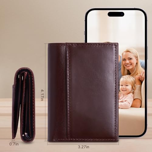 Mens Trifold Leather Wallet，Genuine Leather RFID Blocking Wallets for Men，Tri Fold Wallet with 2 ID Window and 8 Card Slots - color: brown