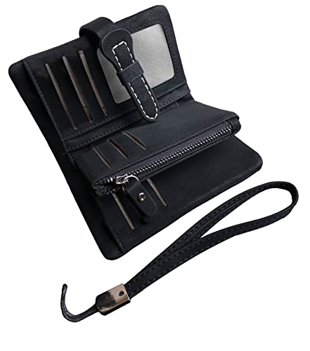 AOXONEL Women's Small Bifold Leather wallet Rfid blocking Ladies Wristlet with Card holder id window Coin Purse - color: Black3