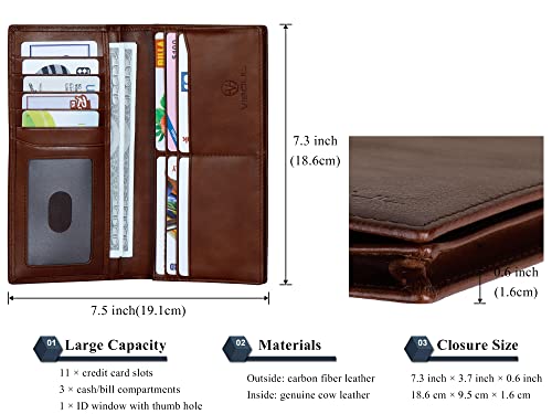 VISOUL Leather Checkbook Cover Wallet for Men with RFID Blocking, Mens Long Bifold Cash Tall Wallet with 11 Credit Card Slots 1 ID Window (Brown) - color: Brown