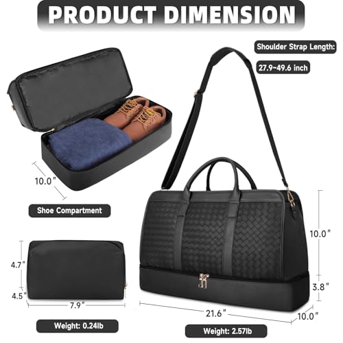 Bolosta Travel Duffle Bag for Men Women, PU Leather Duffel Bag for Traveling, Large Carry on Weekender Overnight Bag with Shoe Compartment, Perfect for Travel/Daily Use - color: C-Black