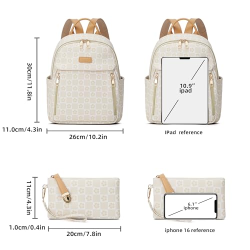Makes Mini Backpack for Women, Small Casual Backpacks Daily Travel Bag 2pcs | Small Bookbag,Work Travel School PU Leather Shoulder Bag Mochilas Para Mujer Rucksack Gifts for Lady Girls Mother Wife - color: Checkered Beige
