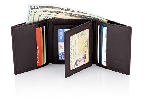 Stealth Mode Leather Trifold RFID Wallet For Men With Flip Out ID Holder - color: Coffee