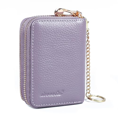 imeetu Rfid Credit Card Holder, Businese Card Case, Wallet for Women Men | Genuine Leather Card Wallet with id Window, Keychain & Double Zipper, Water-resistan Small Wallet with Gift Box, Daily Travel - color: Max - Light Purple