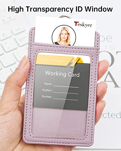 Teskyer Leather ID Badge Holder with Lanyard, Vertical Lychee Lilac | Durable Nylon Lanyard, Rear Card Pocket, Scan Without Removing Card, Built to Last, Work & Cruise Ready - color: Lichee Lilac, size: Vertical