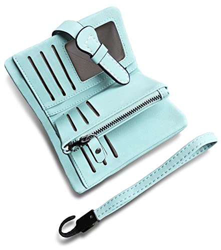 AOXONEL Women's Small Bifold Leather wallet Rfid blocking Ladies Wristlet with Card holder id window Coin Purse - color: Light Green3