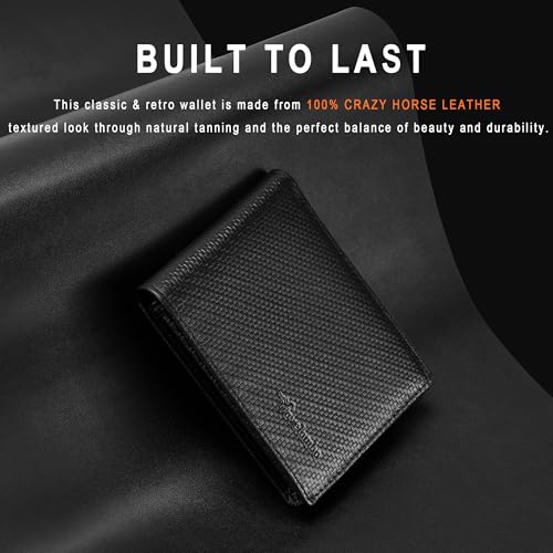Travelambo Genuine Leather Wallet for Men with Gift Box - Handmade Bifold Stylish - Mens Wallets Rfid Blocking with 2 ID Windows - color: Weaved Black