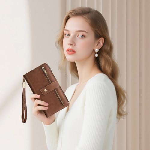 Large Wallets For Women Rfid Blocking Wallet Pu Leather Ladies Wallets Zipper Long Wallet With 24 Card Holders,2 Id Windows And Coin Pocket Wristlet Purses For Women Ladies. Brown - color: Brown