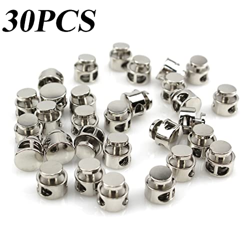 Metal Cord Locks for Drawstrings Silver Double Hole Spring Cord Round End Clasps Stopper Elastic Fastener for Paracord, Shoelaces, Bags, Clothing and Rope(30Pieces)