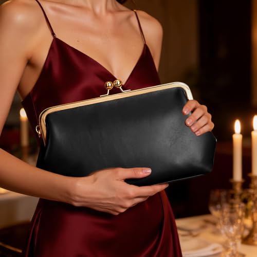 Women's Kiss Lock Bag Evening Clutch Purses Kiss Clasp Crossbody Bag Handbag Formal Evening Purse Messenger - color: Black