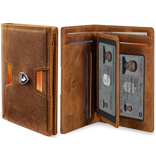 GSOIAX Wallet for Men Slim Top Grain Leather Wallet with 13 Card Slots & 1 Bill Compartment - RFID Blocking Thin Bifold Front Pocket Credit Card Holder (Brown) - color: Brown