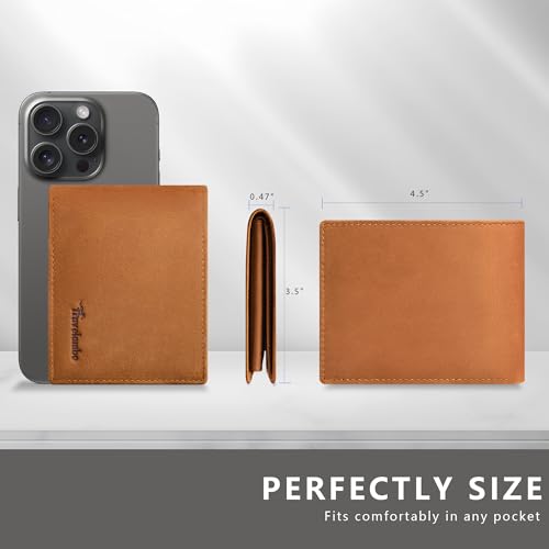 Travelambo Genuine Leather Wallet for Men with Gift Box - Handmade Bifold Stylish - Mens Wallets Rfid Blocking with 2 ID Windows - color: Craze Horse Khaki
