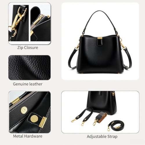 Leather Bucket Bag for Women, Soft Crossbody Top-handle Purse | Small Tote Handbag with 3 Style Detachable Straps, Spacious Daily Handbag for Work Outing Daily Use - color: Black