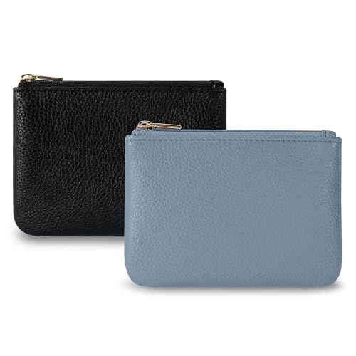 Chelmon PU Leather Coin Purse Pouch Change Holder Small With Zipper for Men Women 2 PCS Set (Black&Blue) - color: Black&Blue
