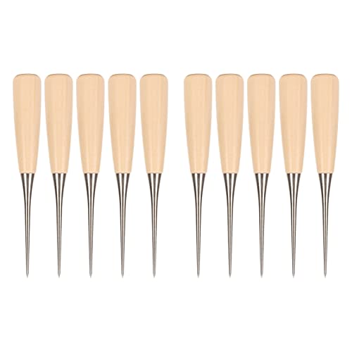 Leather Scratch Awl, Professional Stainless Steel Wooden Handle Punch Tool for DIY Sewing Book Binding Leather Craft with Protective Case 10 Pieces