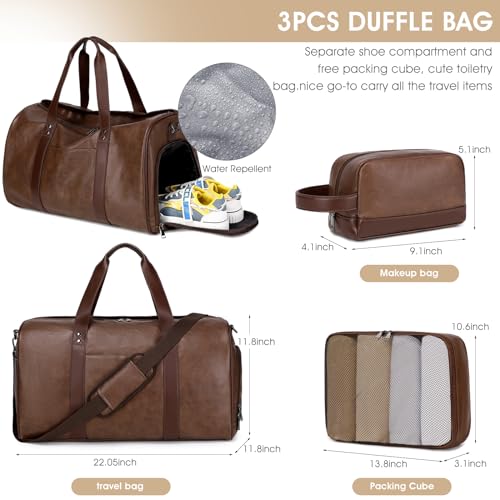 3PCS Faux Leather Weekender Bag for Women Men Travel Bag Overnight Bags | Leather Travel Duffel Bags for Traveling with Shoe Compartment Toiletry Packing Cube Carry On Tote Bag Men Fit 21.5" Laptop - color: Coffee