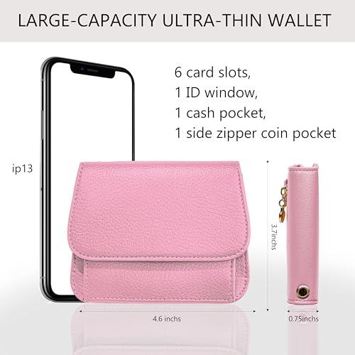 Keychain Wallet for Women,RFID Wristlet Wallet with Beaded Strap | Tri-Fold Design,6 Card Slots,ID Window,Zipper Coin Pocket,Lightweight Carry - color: Pink