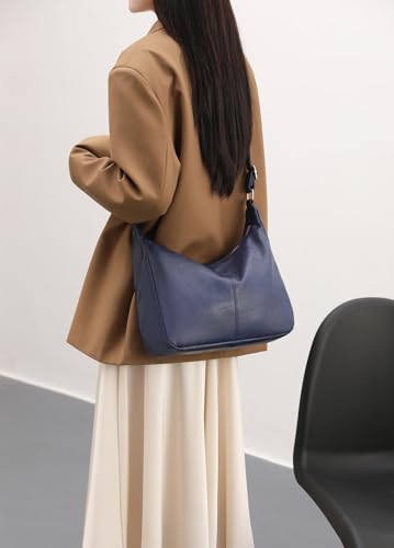 Hobo Bags for Women Foldable Shoulder Handbag CrossBody Purse | Adjustable Strap, 6 organized pockets, Crescent Tote Bag, Cute Slouchy Underarm Bag, Fits 12.9" iPad Pro - color: Dark Blue