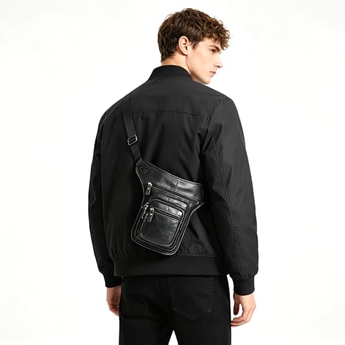 Water Resistant Canvas + Leather Motorcycle Travel Fanny Waist Pack Drop Thigh Leg Bag Pouch For Men Women FB913-5 - color: Genuine Leather-3111 Black
