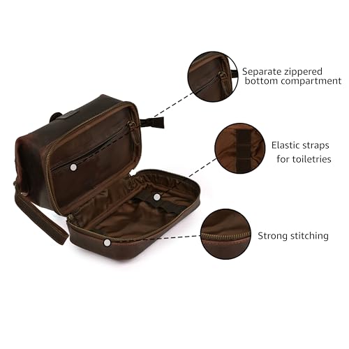 LEATHER VILLAGE Leather Toiletry Bag for Men, Travel Dopp Kit Shaving Bag | Full grain buffalo leather, two zip compartments, 9.6x5.5x5.1 in, YKK zippers, water-resistant lining, shaving kit- Cherry - color: Cherry