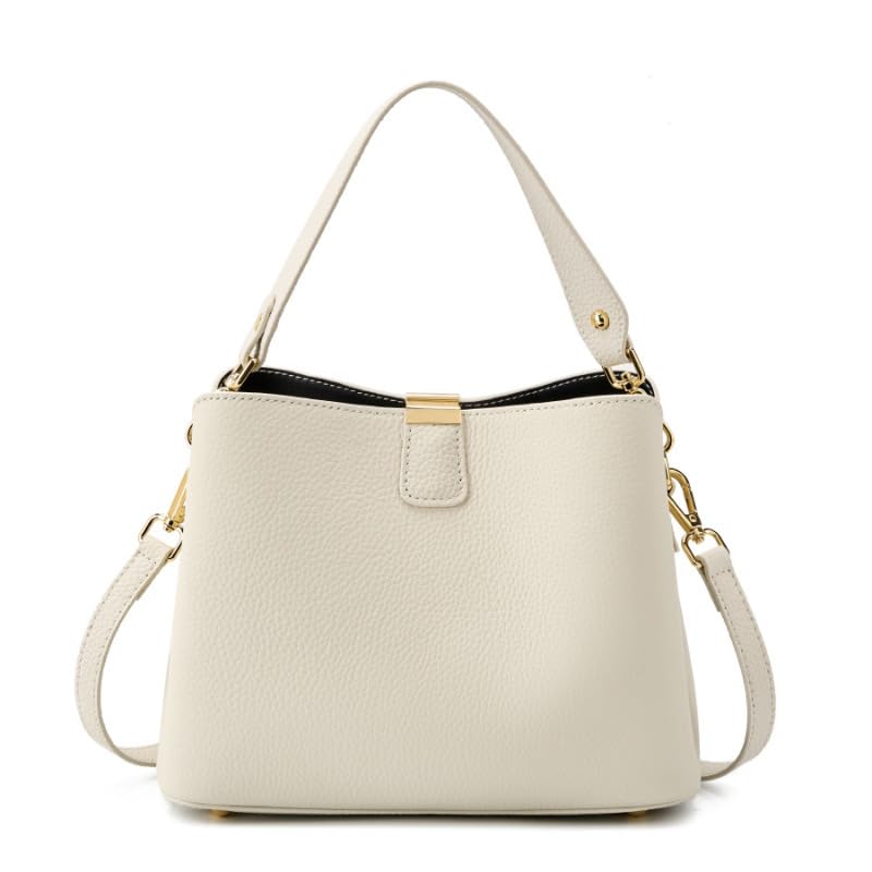Leather Bucket Bag for Women, Soft Crossbody Top-handle Purse | Small Tote Handbag with 3 Style Detachable Straps, Spacious Daily Handbag for Work Outing Daily Use - color: White