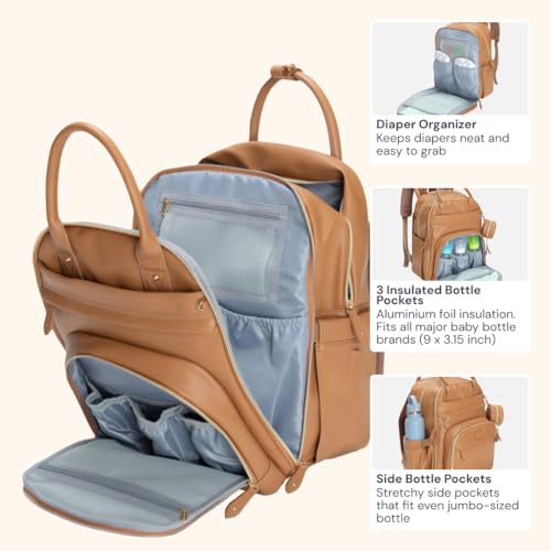 BabbleRoo Leather Diaper Bag Backpack - Baby Essentials Travel Baby Bag, Multi function, Water Resistant, with Changing Pad, Stroller Straps & Pacifier Case – Unisex, Light Brown - color: Vegan Leather Light Brown, size: Large