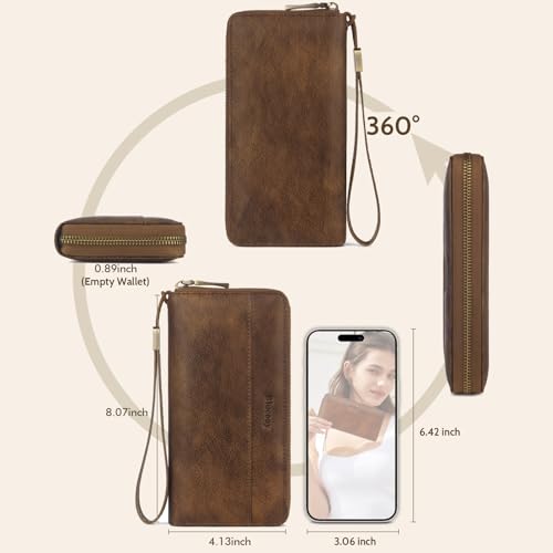 Leather Wallet Women,RFID Blocking Wristlet Wallet(khaki) | Large Capacity Design With 12 Credit Card Slots,Zip Coin Pocket,Cash Pocket,Detachable Wristlet,Daily Shopping Travel Wallet - color: a5-khaki