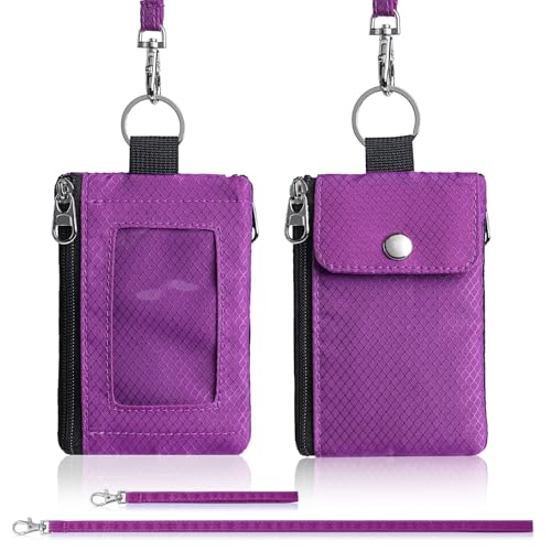 Artpaxy Minimalist Wallet For Mens Womens, Keychain RFID Blocking Zipper Small Wallet with ID Window 2 Lanyards,Water Resistant Travel Cash Card Coin Case Boys Girls - color: Purple