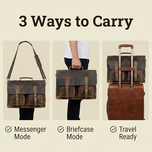 cuero Retro Brown Laptop Messenger Bag Office Briefcase Crossbody Travel Bag For Men And Women Bag Office Laptop Bag - size: 15 inch
