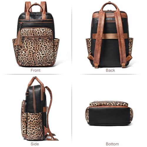 Laptop Backpack for Women 15.6 inch Travel Leather Backpack Purse Work Computer Backpacks for Business College Black With Leopard - color: Black With Leopard
