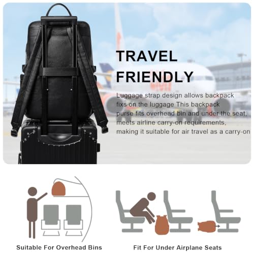 Leather Laptop Backpack for Women Fits 17" Laptop, with RFID Wristlet Purse - color: Black