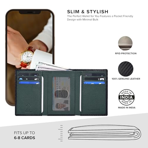Trifold Leather Wallet for Men - RFID Slim Minimalist Front Pocket 6 Slots - color: Black Carbon/Green