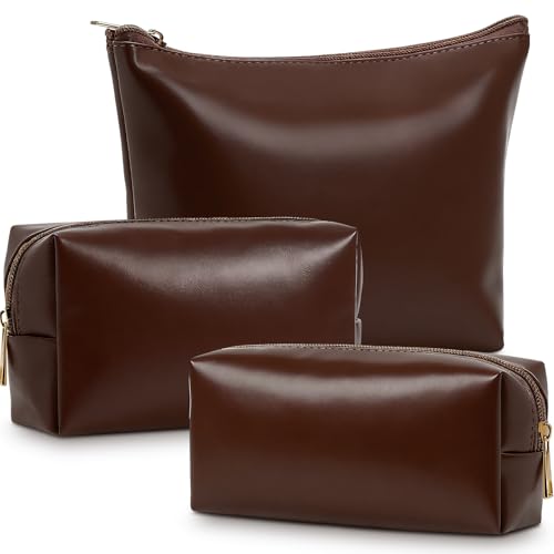 Kigeli 3 Piece Leather Makeup Bag Set Graduation Women Gifts PU Leather Makeup Toiletry Bag Bridesmaid Cosmetic Pouch Small Aesthetic Travel Purse for Wedding Birthday Women Gifts(Coffee) - color: Coffee