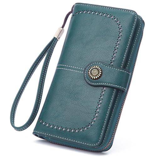 Women Leather Wallet Crossbody Shoulder Bag with Double Zipper and Mobile Phone Purse with Shoulder Strap - color: 665-peacock Blue