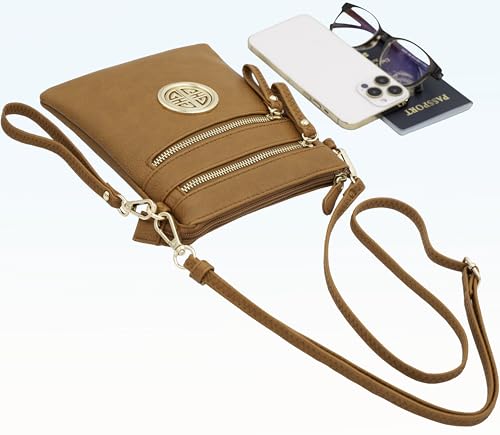 Small Multi Zipper Pockets Crossbody Bag with Detachable Wristlet - color: Tan