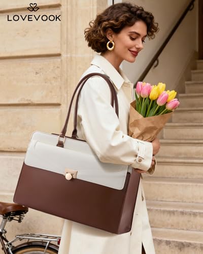 LOVEVOOK Laptop Tote Bag for Women, PU Leather Work Bag, Teacher Tote - color: Brown / Off-white, size: 15.6inch
