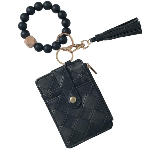 Snycler Solid color Beaded Wallet Wristlet Card Holder- Zip Card Wallet & Keychain with Tassel Accessory Gift - color: Black