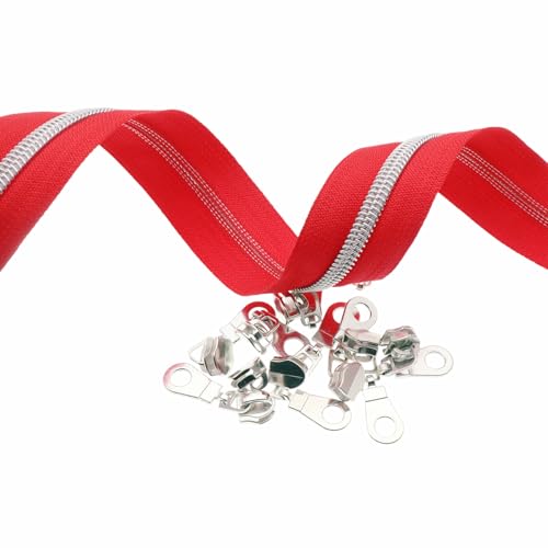 Leekayer #5 Silver Coil Zippers Bulk 5 Yards Red Tape 10pcs Silver Sliders - color: Black